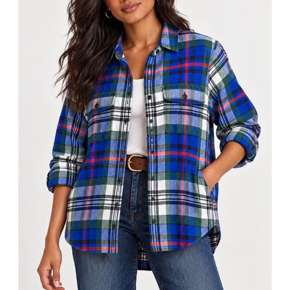 Madewell Ex-Boyfriend Plaid Flannel Shirt Size XS Blue Green 100% Cotton Outdoor